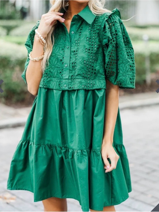 entro Dresses & Skirts - entro Green Eyelet Tiered Mini Dress